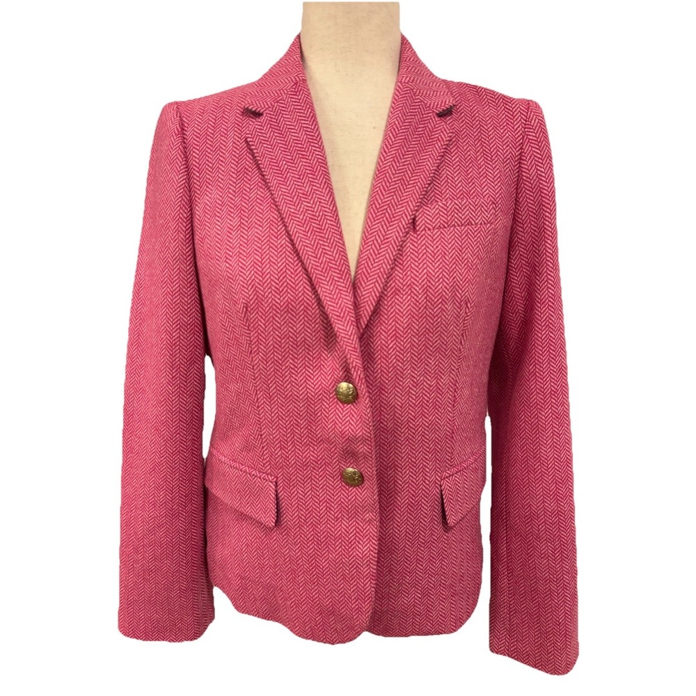 J. Crewโ Pink Herringbone Blazer Jacket Gold Wool Blend Womens Sz 8